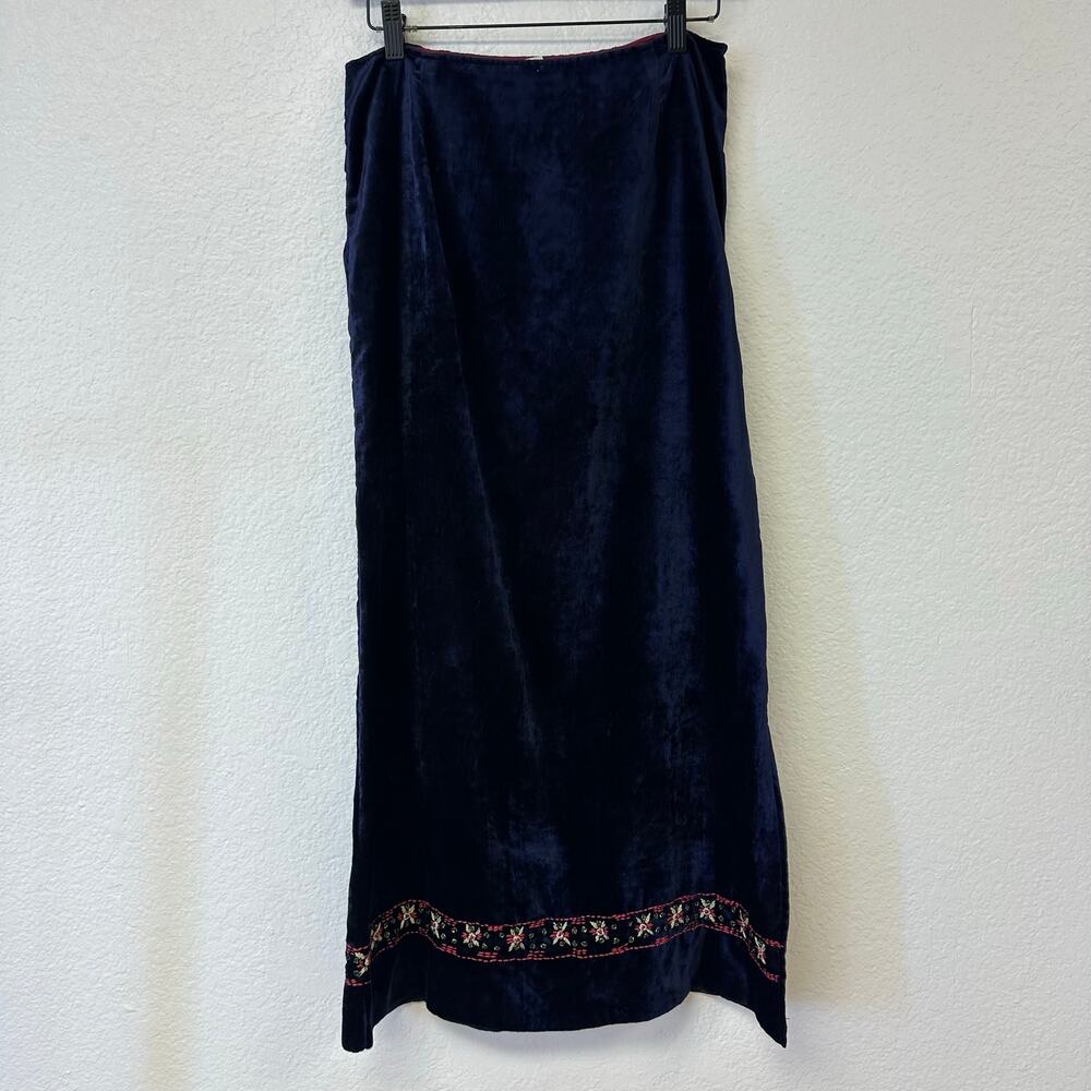 Vintage Free People Navy Blue Velvet Embriodered Maxi Skirt
